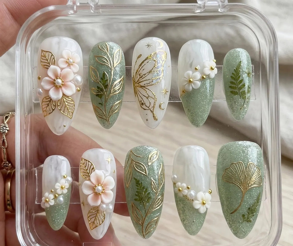 Sage Green Floral Press On Nails Almond Shape with Gold Leaf Butterfly and Pearl 3D Flower Design