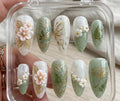 Sage Green Floral Press On Nails Almond Shape with Gold Leaf Butterfly and Pearl 3D Flower Design