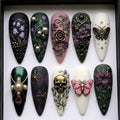 Gothic Fantasy Press On Nails | Dark Vintage Almond Nails | Skull Moth Floral Nail | Handcrafted 3D Nail | Edgy Alternative Nail