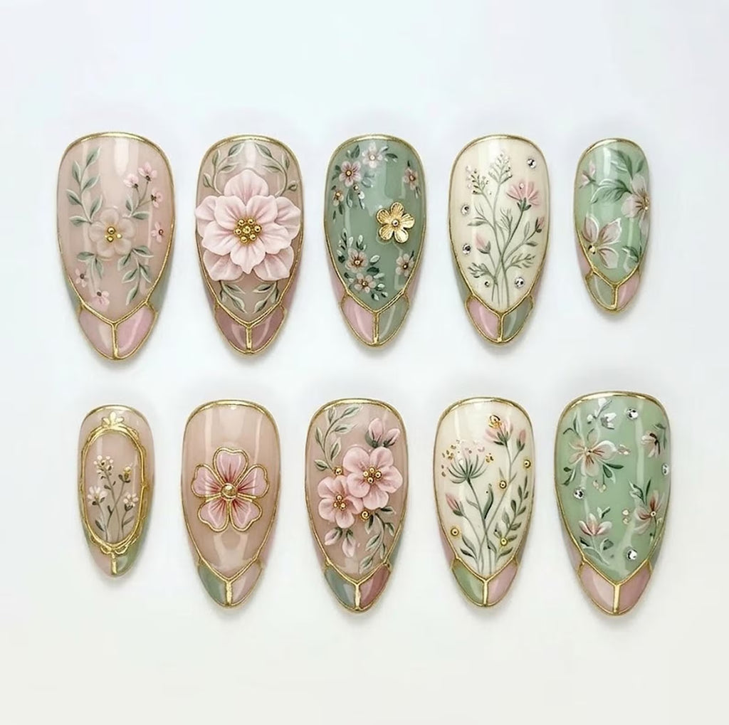 Handmade Floral Press On Nails, Elegant Botanical Nail Set, Gold Outline Pastel Flower Nails, 3D Garden Inspired Nails