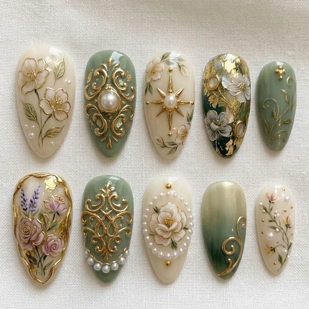 Vintage Floral Press On Nails | Sage Green Gold Pearl Garden Luxury