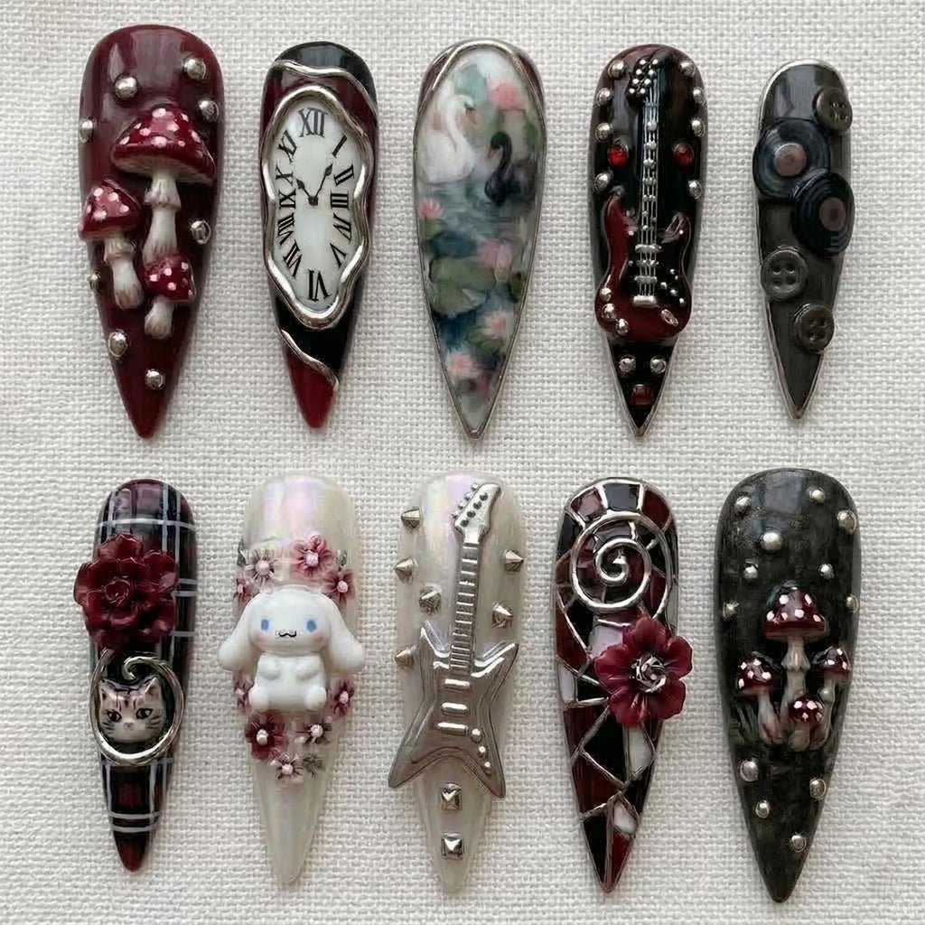 Gothic Press On Nails | Burgundy Black Punk Rock Nails | Handmade 3D Guitar Dark Aesthetic Nails