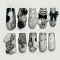 Gothic Vintage Monochrome Press On Nails with Cross Rose Key Music Note Elegant 3D Handmade Nails