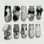 Gothic Vintage Monochrome Press On Nails with Cross Rose Key Music Note Elegant 3D Handmade Nails