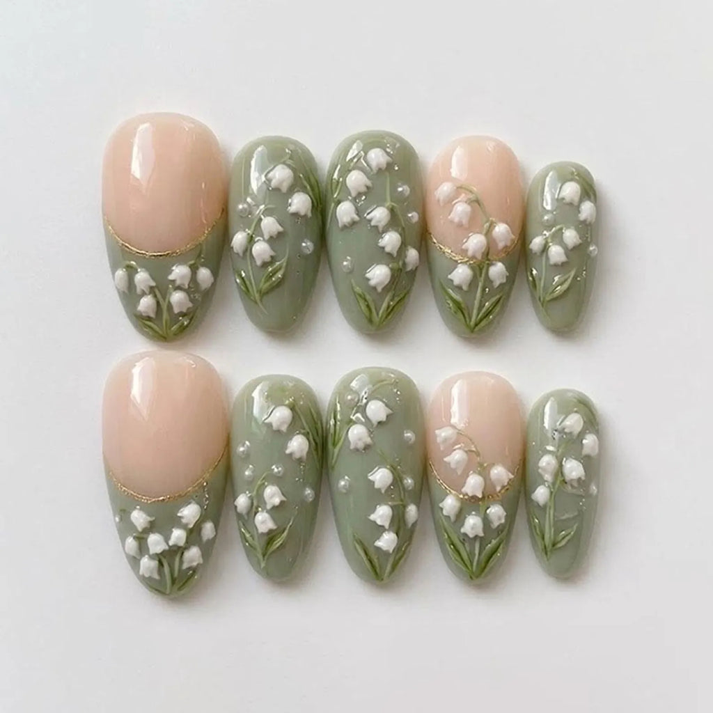 Handmade Lily of the Valley Press On Nails | Green Floral Nails with 3D White Flowers & Pearl Details | Elegant Spring Nail Art Set