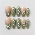 Handmade Lily of the Valley Press On Nails | Green Floral Nails with 3D White Flowers & Pearl Details | Elegant Spring Nail Art Set