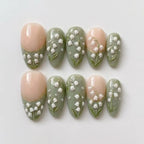 Handmade Lily of the Valley Press On Nails | Green Floral Nails with 3D White Flowers & Pearl Details | Elegant Spring Nail Art Set