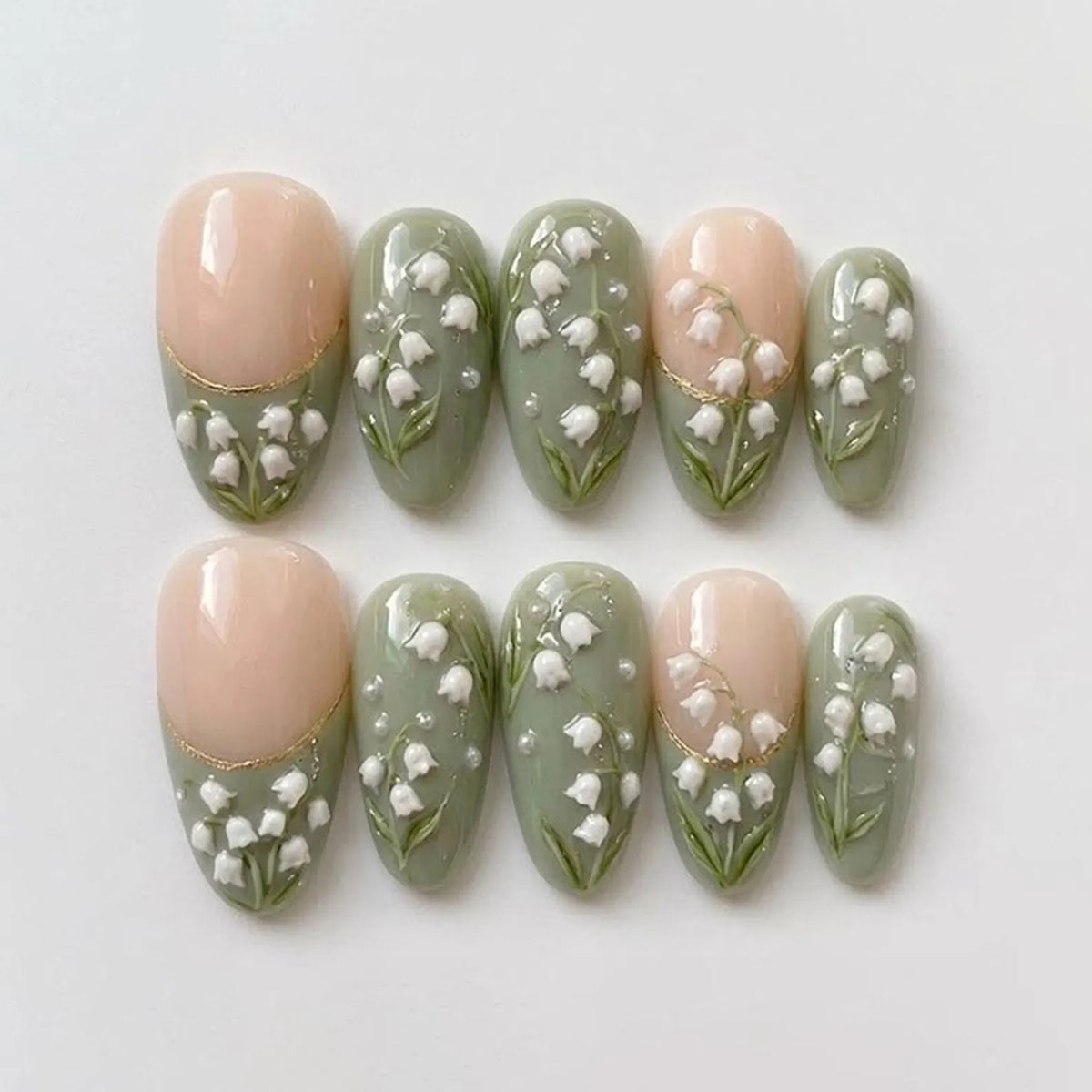 Handmade Lily of the Valley Press On Nails | Green Floral Nails with 3D White Flowers & Pearl Details | Elegant Spring Nail Art Set