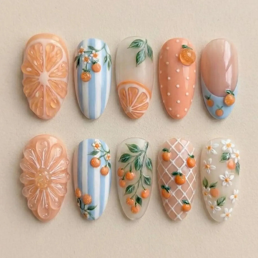 Handmade Orange Slice Press On Nails, 3D Fruit Summer Pastel Set