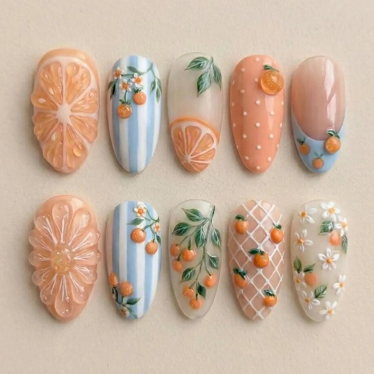 Handmade Orange Slice Press On Nails, 3D Fruit Summer Pastel Set