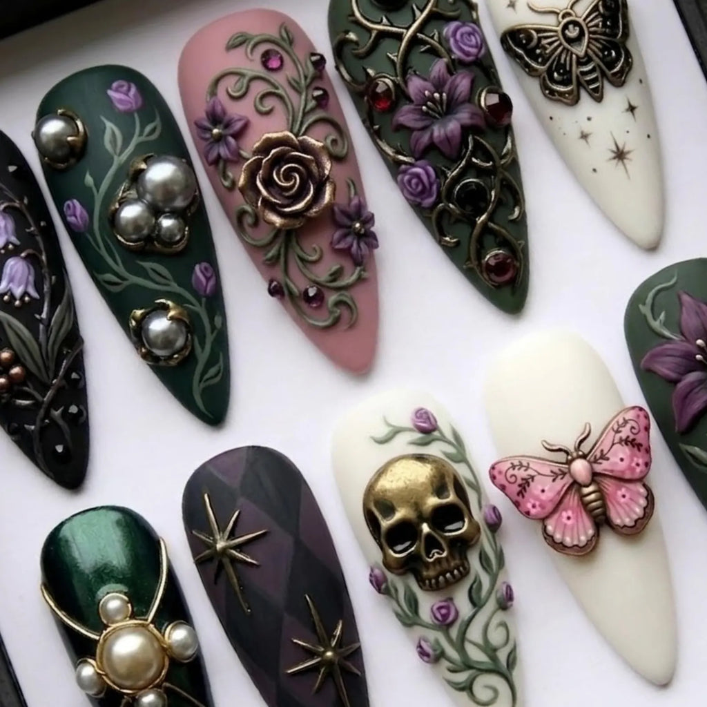 Gothic Fantasy Press On Nails | Dark Vintage Almond Nails | Skull Moth Floral Nail | Handcrafted 3D Nail | Edgy Alternative Nail