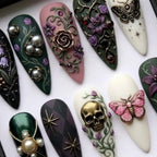 Gothic Fantasy Press On Nails | Dark Vintage Almond Nails | Skull Moth Floral Nail | Handcrafted 3D Nail | Edgy Alternative Nail