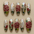 Enchanted Rose Stained Glass Press On Nails | Luxury 3D Gold Cloisonné Nail Art