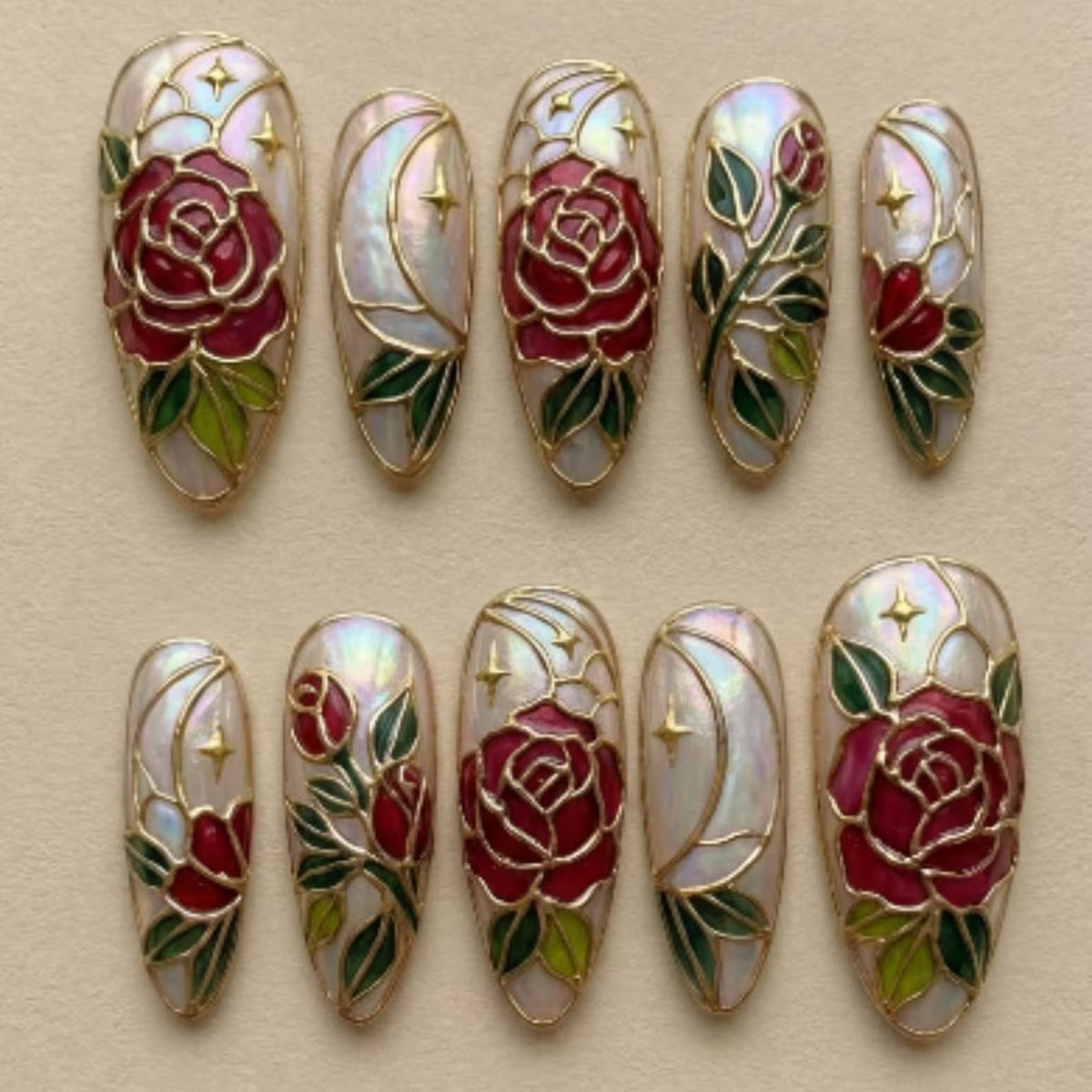 Enchanted Rose Stained Glass Press On Nails | Luxury 3D Gold Cloisonné Nail Art