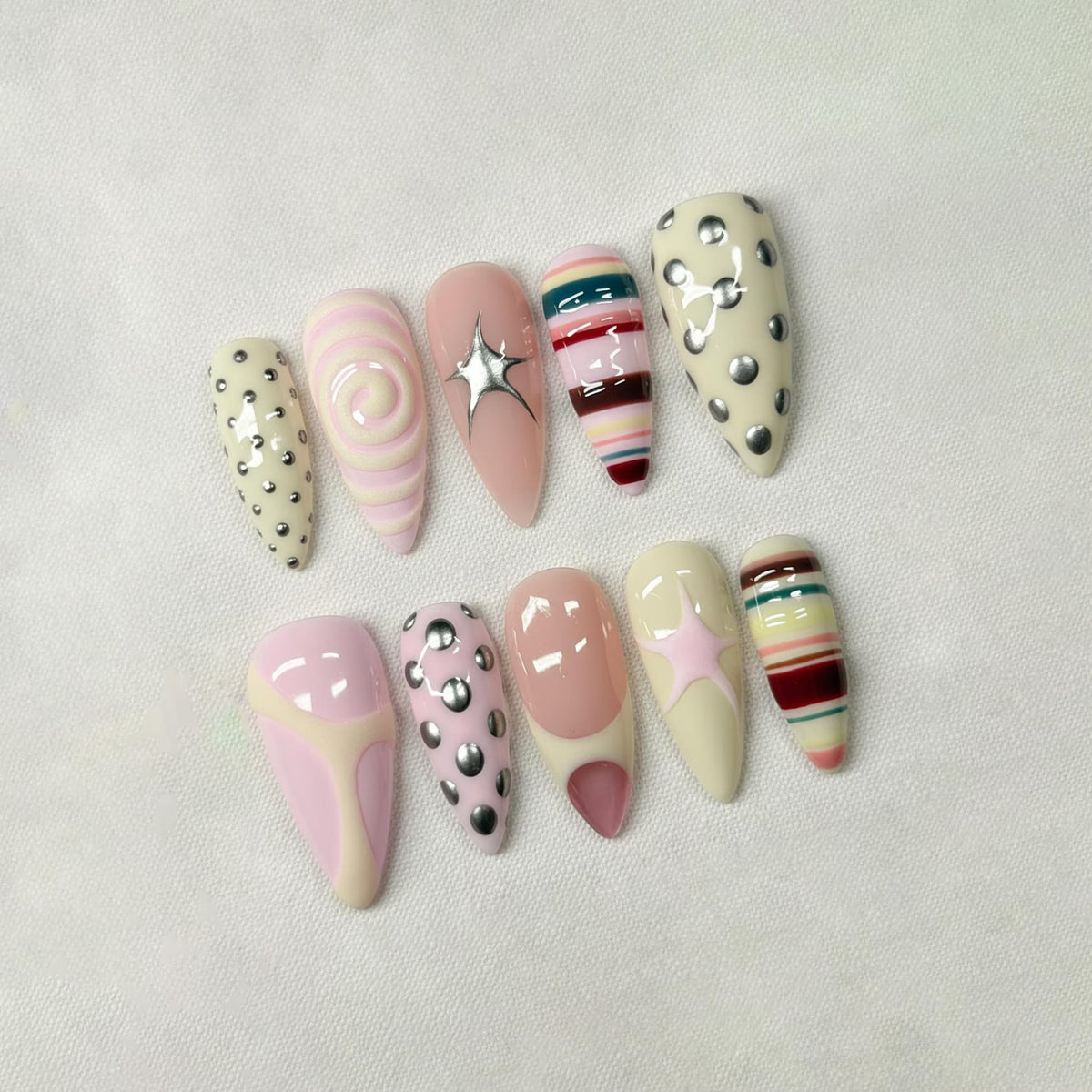 Polka Dot Press On Nails: Pastel Y2K Nail Art, Swirl Chrome Nail Set