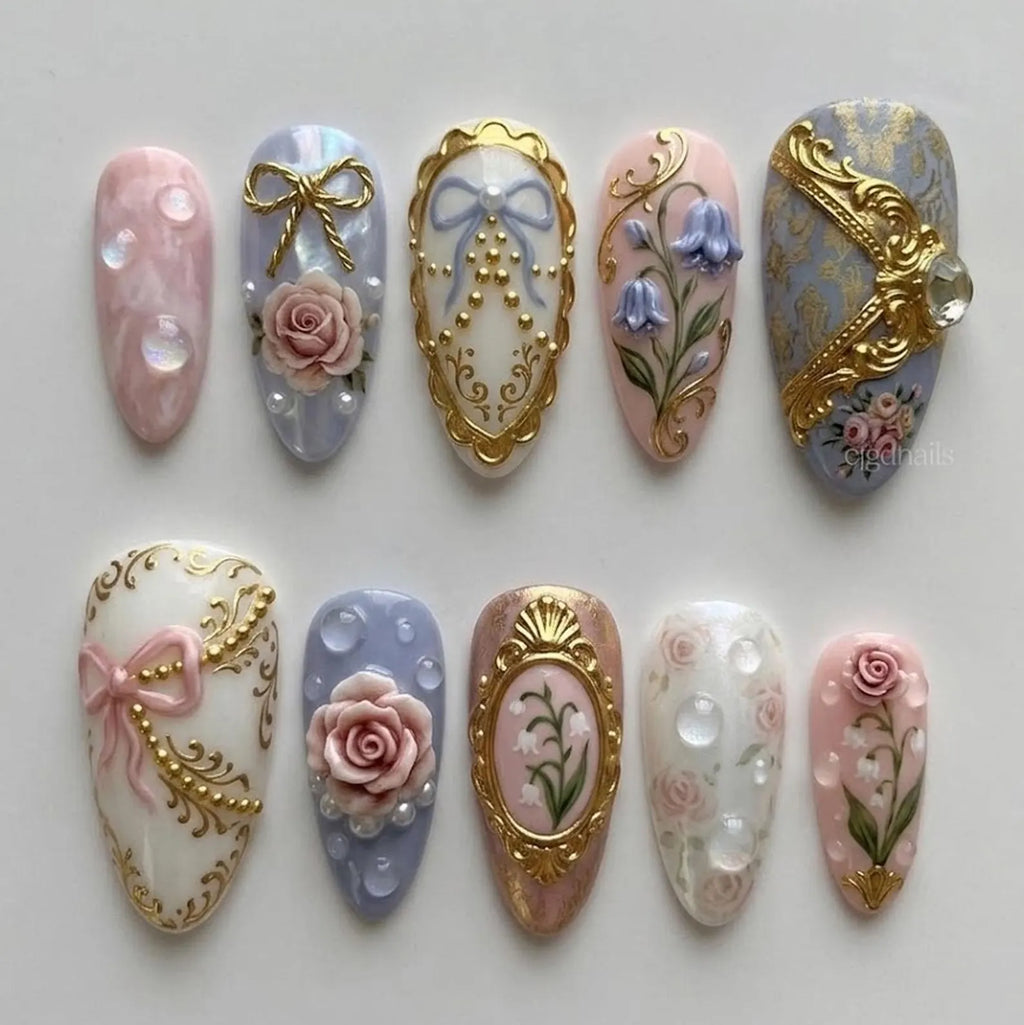 Handmade 3D Vintage Baroque Press On Nails, Elegant Floral Pearl Nails, Luxury Gold Frame Nails, Romantic Feminine False Nails Set