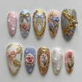 Handmade 3D Vintage Baroque Press On Nails, Elegant Floral Pearl Nails, Luxury Gold Frame Nails, Romantic Feminine False Nails Set