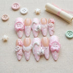 Pink Polka Dot Press On Nails | 3D Cat, Button Accents (Set of 10)