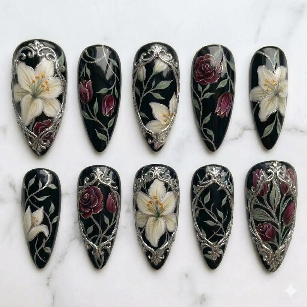 Handmade Gothic Floral Press On Nails | Silver Frame, 3D Lily & Rose Art Design | Dark Vintage Elegant Nails Gift For Her