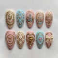 Vintage Coquette Press On Nails | Royal Pastel Bow Angel Tea Party 3D Gold Luxury Handmade Nails Set