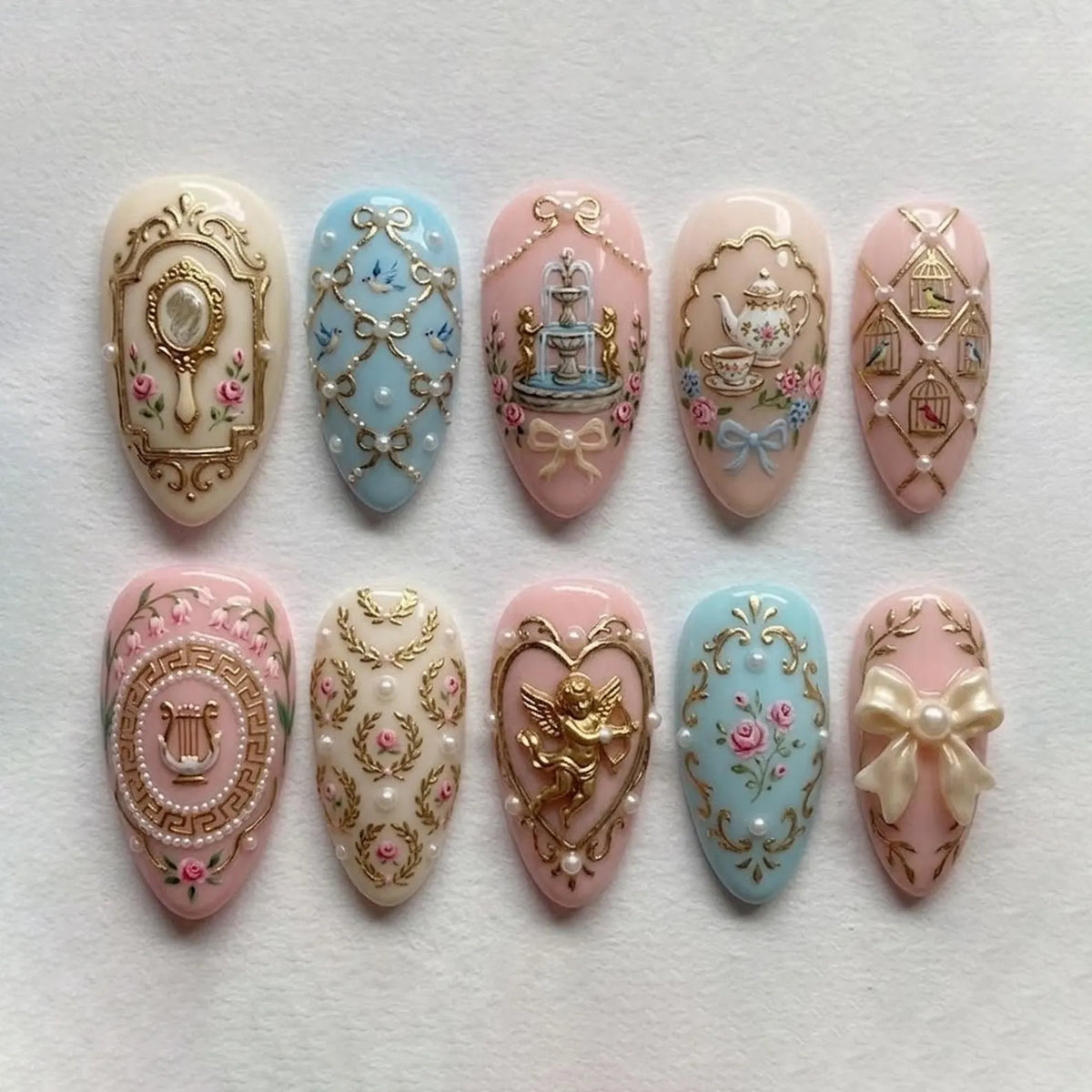 Vintage Coquette Press On Nails | Royal Pastel Bow Angel Tea Party 3D Gold Luxury Handmade Nails Set