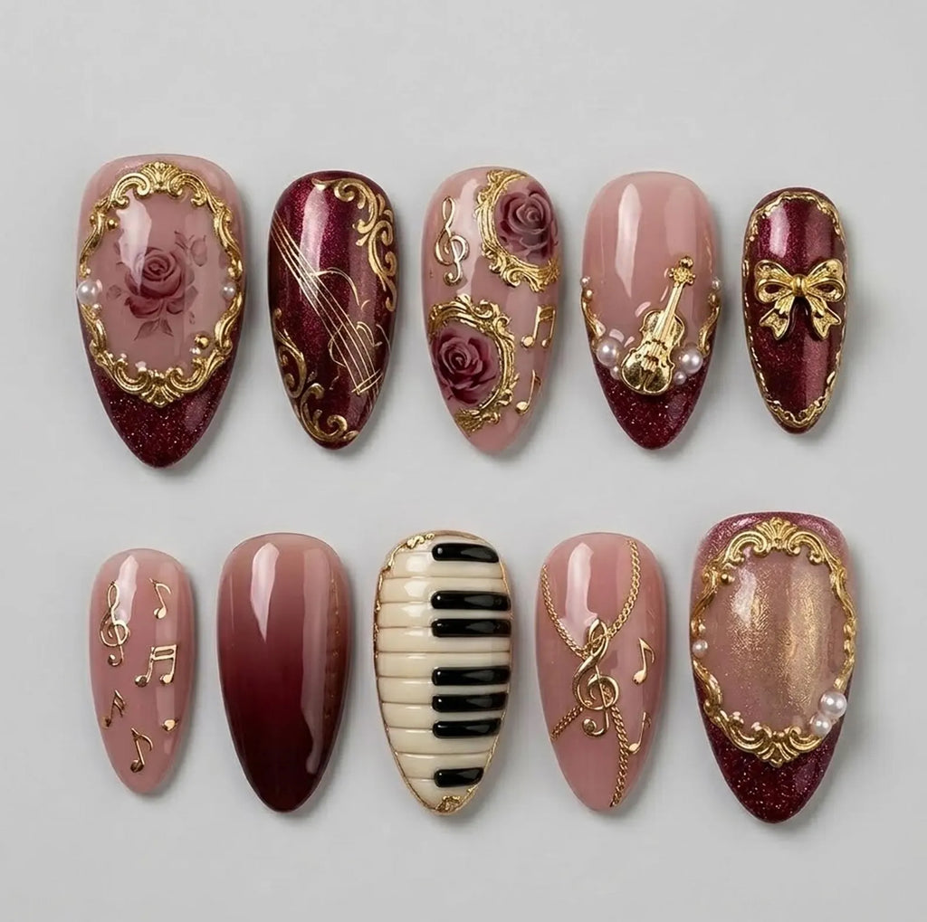 Baroque Symphony Press On Nails, Piano Keys, Musical Notes, Burgundy Roses