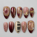 Baroque Symphony Press On Nails, Piano Keys, Musical Notes, Burgundy Roses