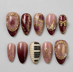 Baroque Symphony Press On Nails, Piano Keys, Musical Notes, Burgundy Roses