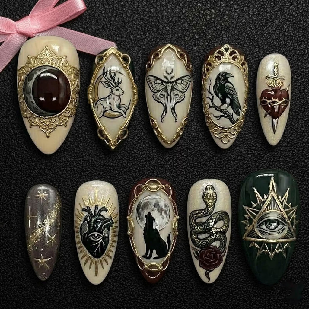 Gothic Occult Relic Press On Nails | Medieval Tarot, Raven, Moth, Snake Art | Dark Academia, Vintage Gold Frame, Hand Painted Luxury Set
