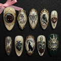 Gothic Occult Relic Press On Nails | Medieval Tarot, Raven, Moth, Snake Art | Dark Academia, Vintage Gold Frame, Hand Painted Luxury Set