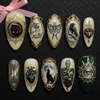 Gothic Occult Relic Press On Nails | Medieval Tarot, Raven, Moth, Snake Art | Dark Academia, Vintage Gold Frame, Hand Painted Luxury Set