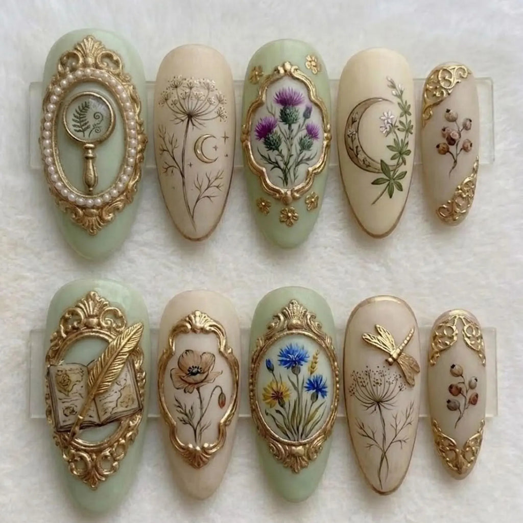 Vintage Dark Academia Press On Nails | Botanical Illustration & Gold Frame Nail Art | Antique Book and Quill False Nails