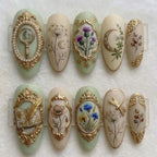 Vintage Dark Academia Press On Nails | Botanical Illustration & Gold Frame Nail Art | Antique Book and Quill False Nails