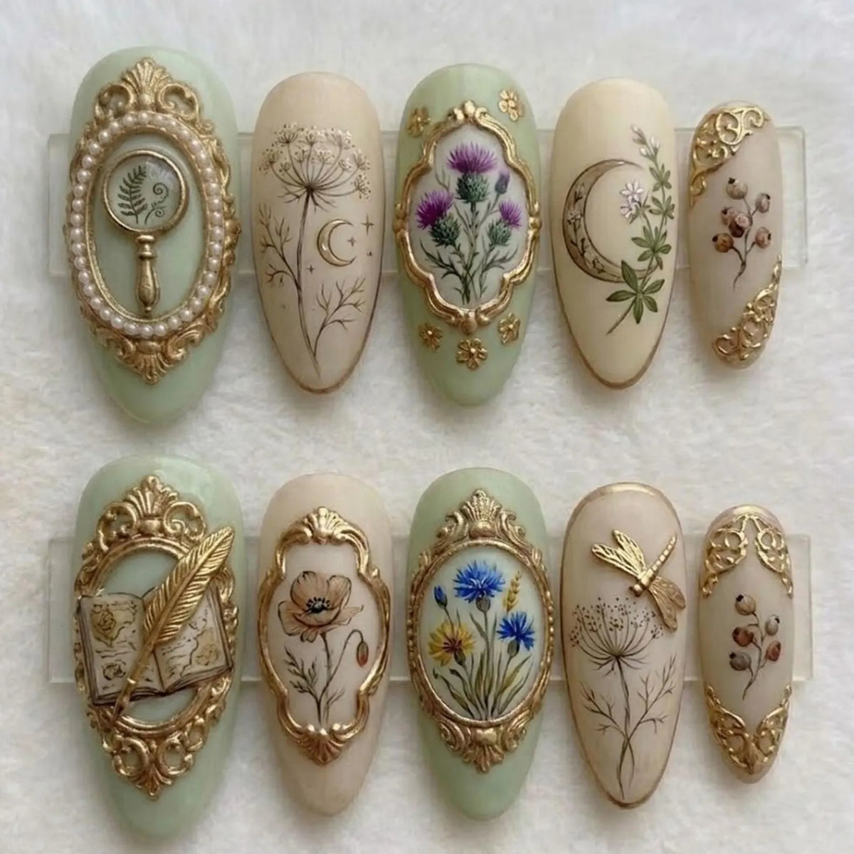 Vintage Dark Academia Press On Nails | Botanical Illustration & Gold Frame Nail Art | Antique Book and Quill False Nails