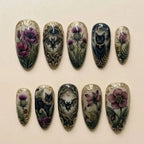 Handmade Dark Academia Press On Nails | Gothic Black Cat, Bat & Floral Design | Vintage Botanical Nail Art Set