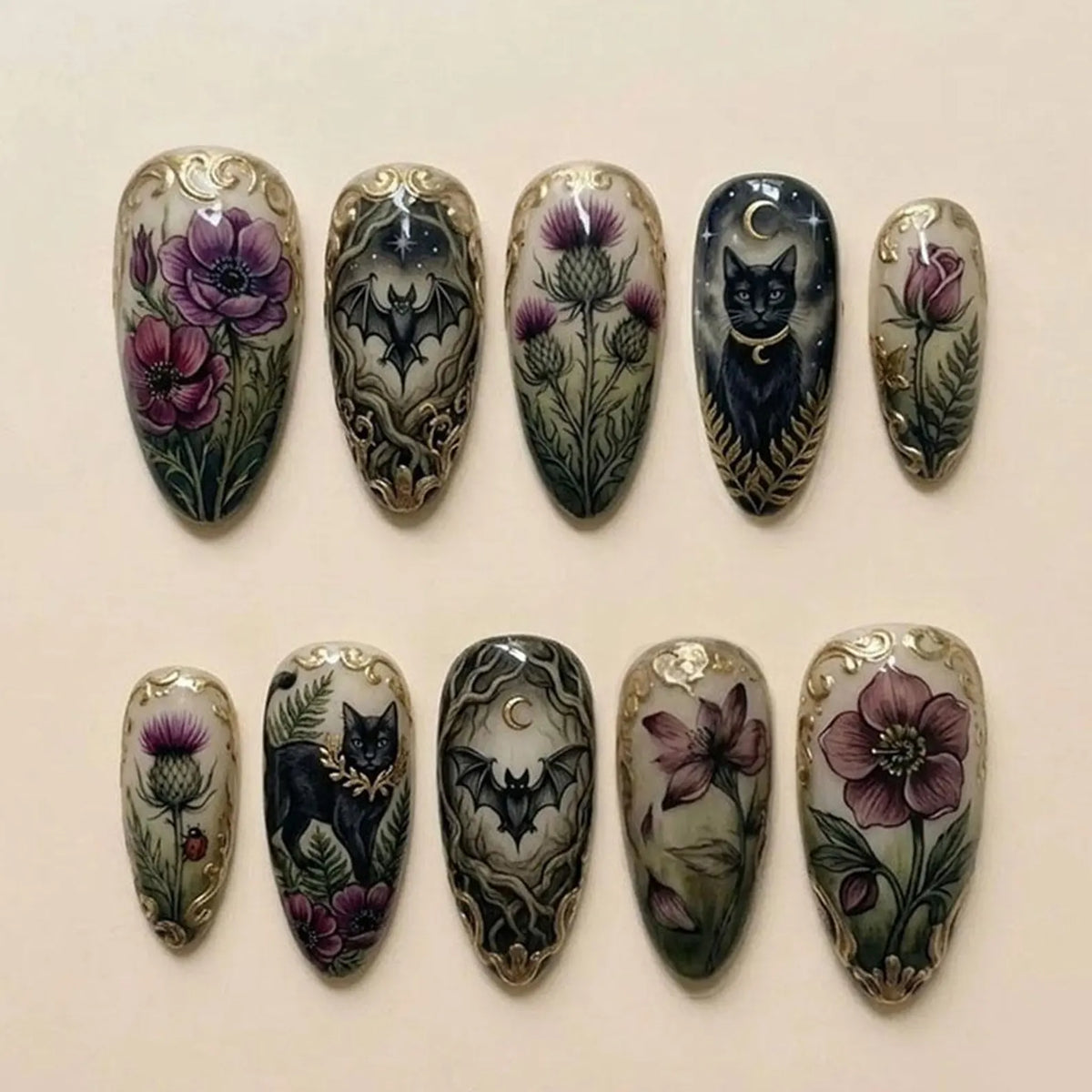 Handmade Dark Academia Press On Nails | Gothic Black Cat, Bat & Floral Design | Vintage Botanical Nail Art Set