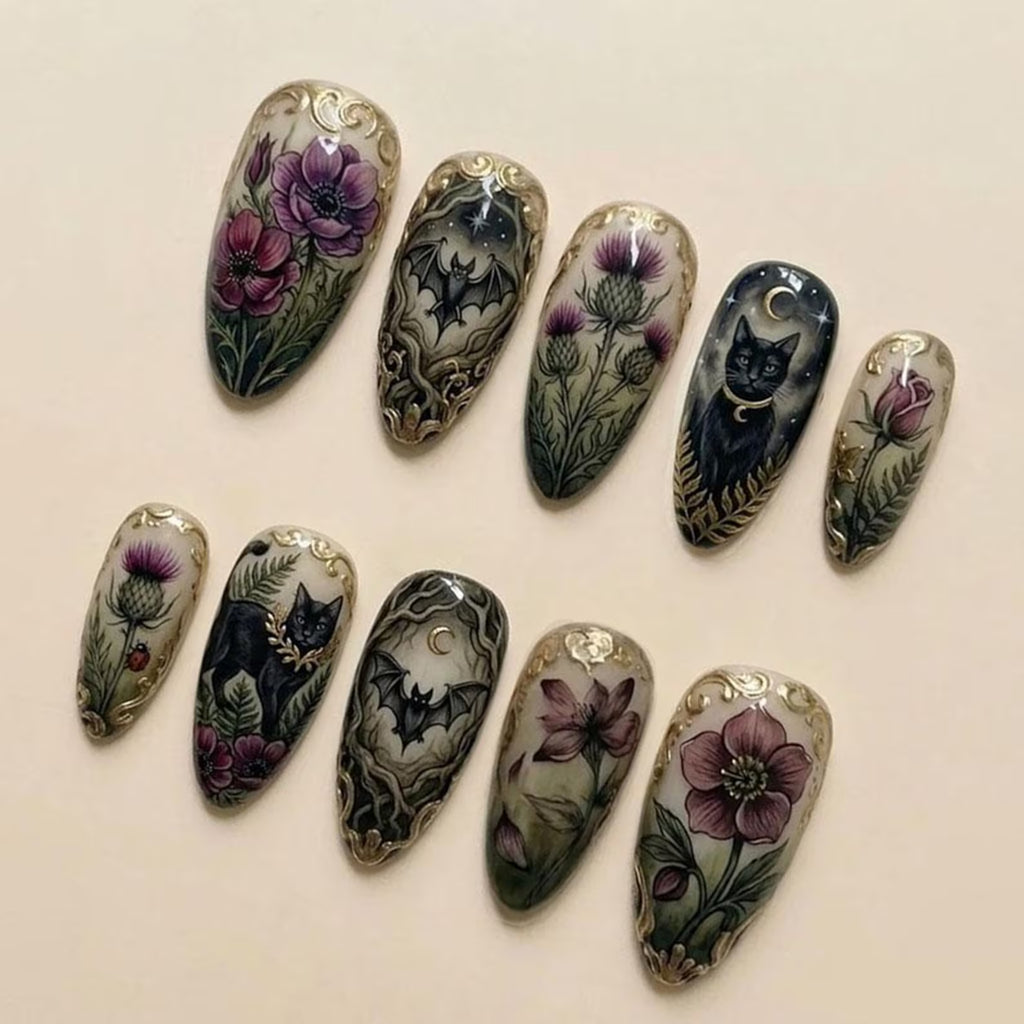 Handmade Dark Academia Press On Nails | Gothic Black Cat, Bat & Floral Design | Vintage Botanical Nail Art Set