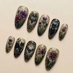 Handmade Dark Academia Press On Nails | Gothic Black Cat, Bat & Floral Design | Vintage Botanical Nail Art Set