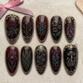 Gothic Dark Floral Press on Nails | Vintage Gold Frame Art | Mood Aesthetic Burgundy Black 3D Botanical Witchy Custom Luxury Fake Nails