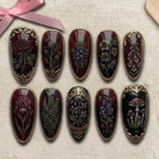 Gothic Dark Floral Press on Nails | Vintage Gold Frame Art | Mood Aesthetic Burgundy Black 3D Botanical Witchy Custom Luxury Fake Nails
