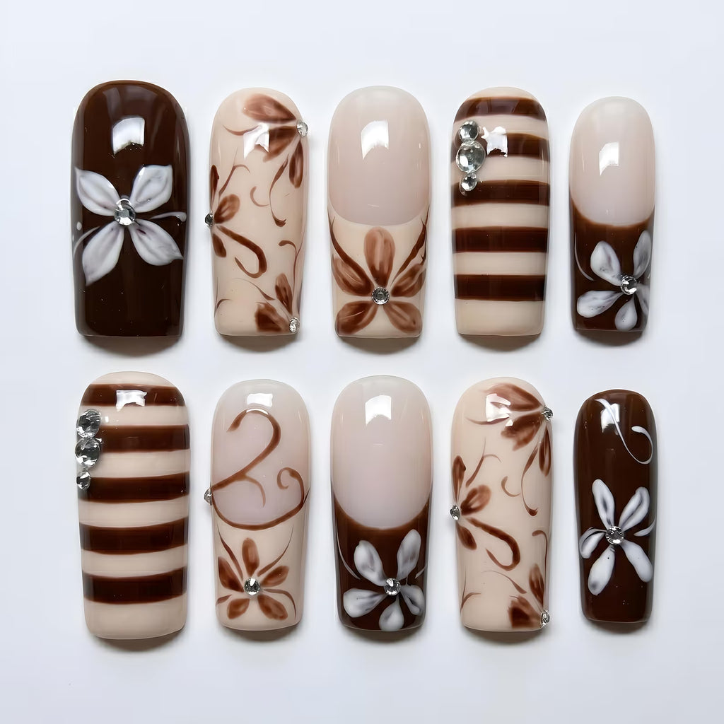 Espresso Brown Cream Floral Press-On Nails, 3D Flower Striped Set with Rhinestones