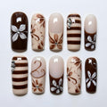 Espresso Brown Cream Floral Press-On Nails, 3D Flower Striped Set with Rhinestones