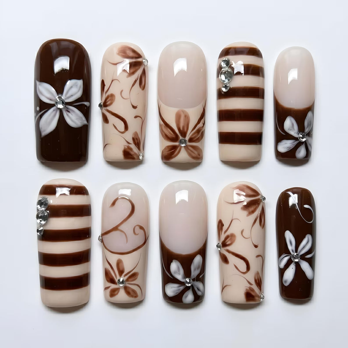 Espresso Brown Cream Floral Press-On Nails, 3D Flower Striped Set with Rhinestones