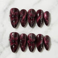 Handmade Burgundy Cat Eye Press On Nails | Hand Painted Floral Line Design | Dark Red Elegant Luxury Nails Set