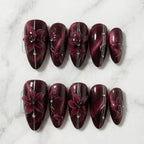 Handmade Burgundy Cat Eye Press On Nails | Hand Painted Floral Line Design | Dark Red Elegant Luxury Nails Set