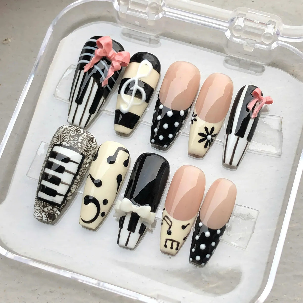 Handmade Classic Piano Press On Nails | Music Notes, Ribbon Detail Set