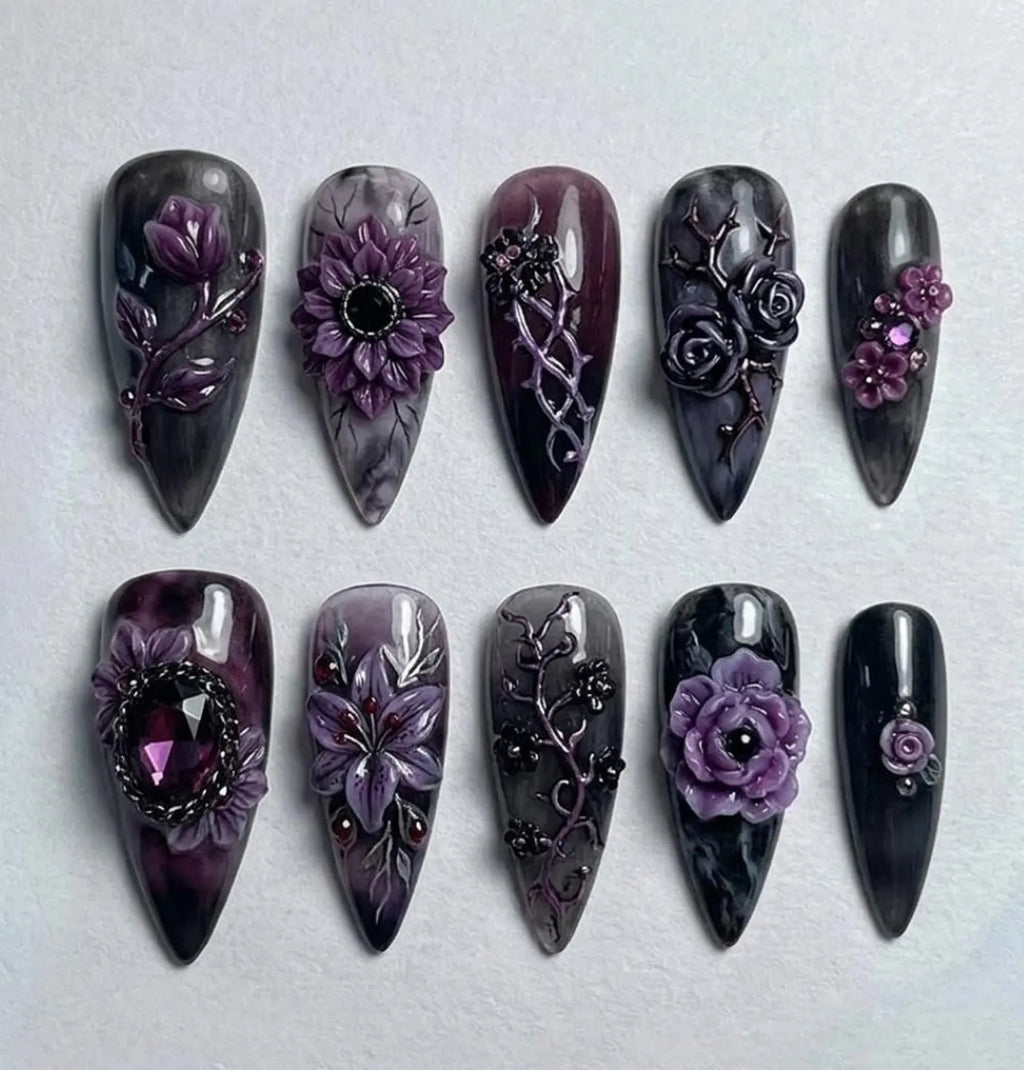 Handmade Dark Gothic Enchanted Garden Press On Nails | 3D Purple Floral, Thorn Art with Deep Amethyst Gems | Luxury Witchy Aesthetic