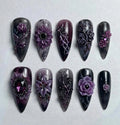 Handmade Dark Gothic Enchanted Garden Press On Nails | 3D Purple Floral, Thorn Art with Deep Amethyst Gems | Luxury Witchy Aesthetic