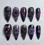 Handmade Dark Gothic Enchanted Garden Press On Nails | 3D Purple Floral, Thorn Art with Deep Amethyst Gems | Luxury Witchy Aesthetic