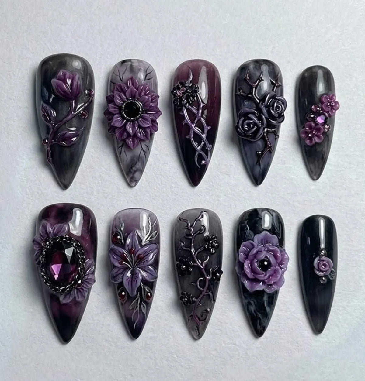 Handmade Dark Gothic Enchanted Garden Press On Nails | 3D Purple Floral, Thorn Art with Deep Amethyst Gems | Luxury Witchy Aesthetic